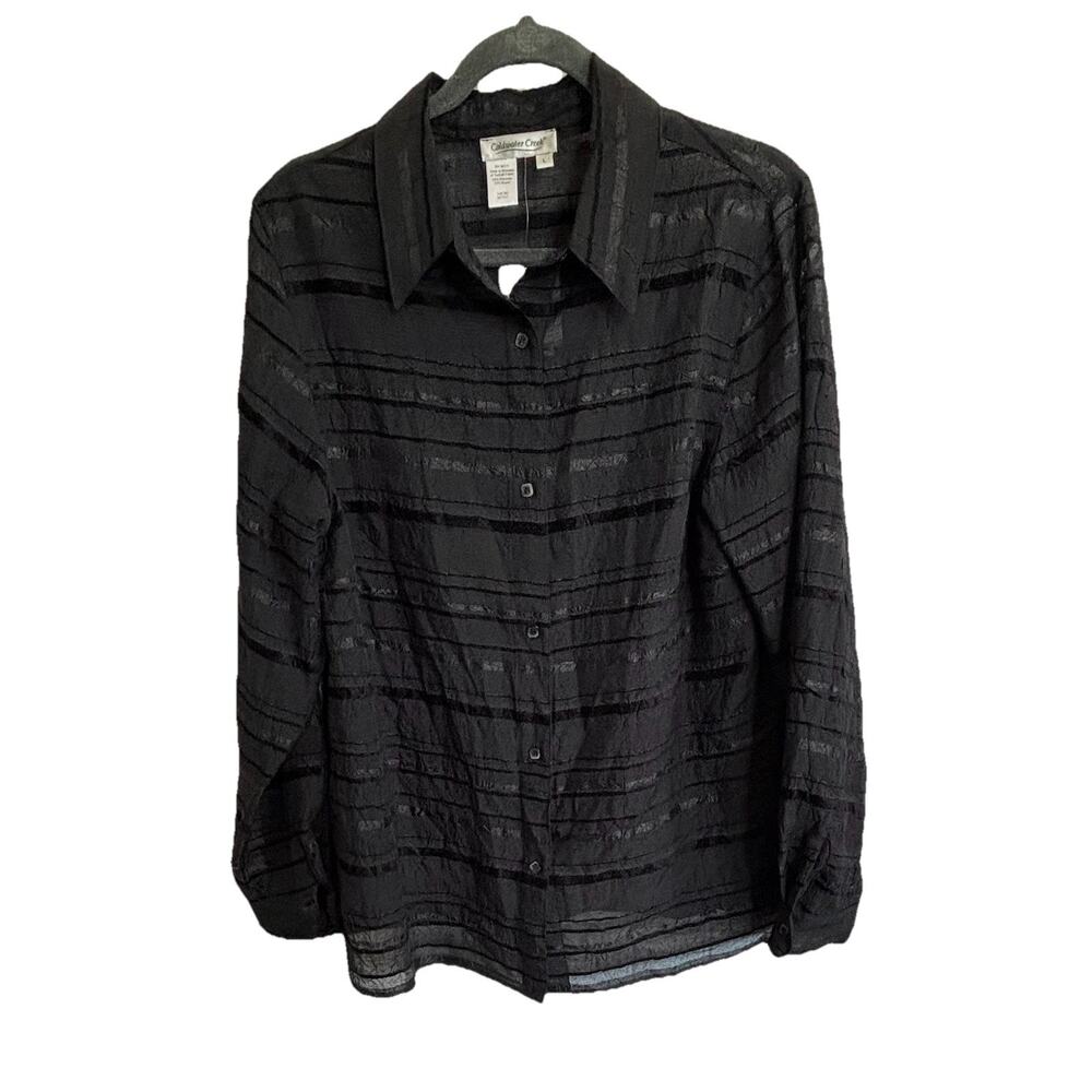 Coldwater Creek Sheer Chiffon Black Blouse Crinkle Fabric Black Velvet Stripe